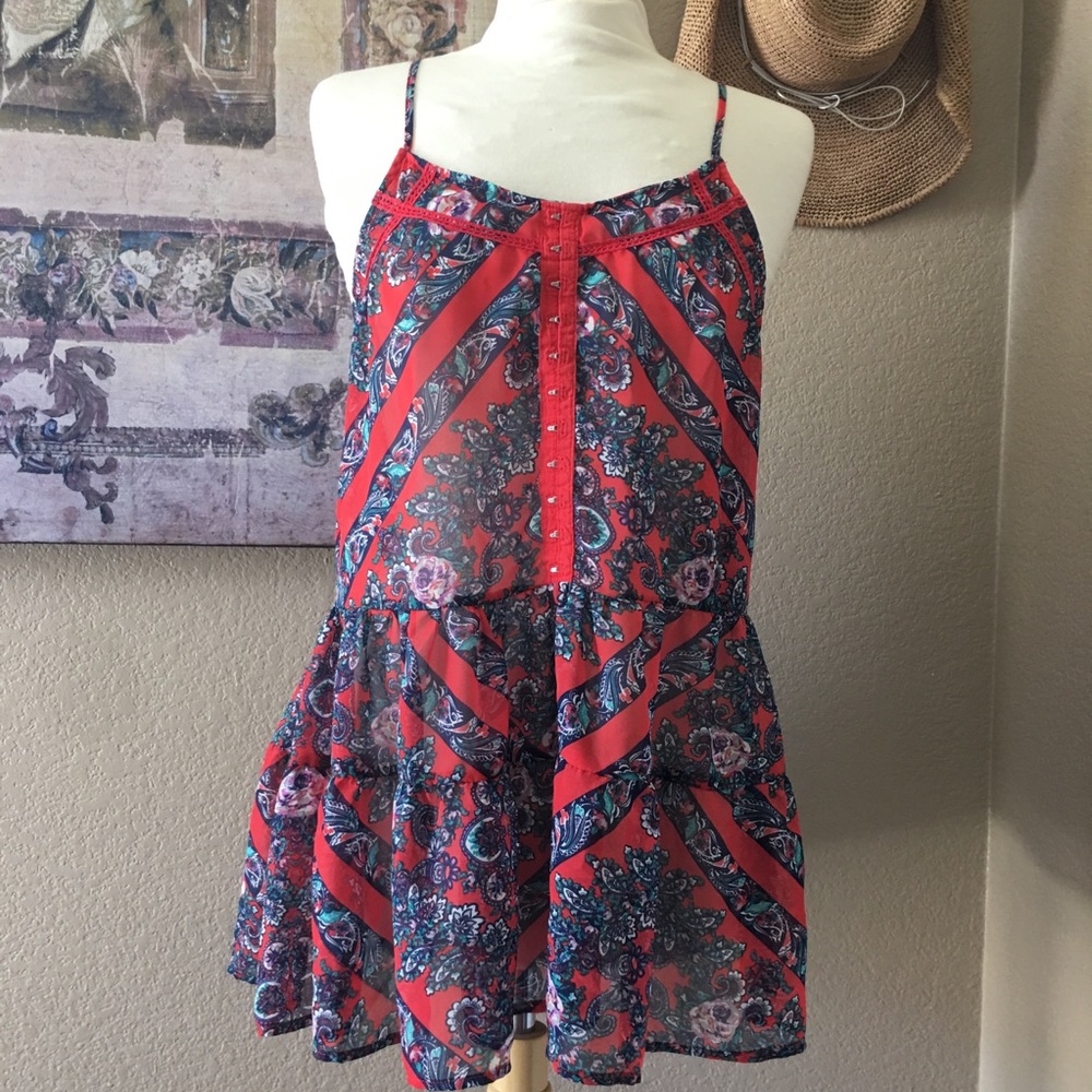 Red Floral Paisley Flowy Boho Tank Top Size Large